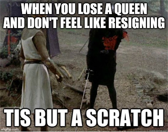 tis but a scratch | WHEN YOU LOSE A QUEEN AND DON'T FEEL LIKE RESIGNING | image tagged in tis but a scratch | made w/ Imgflip meme maker