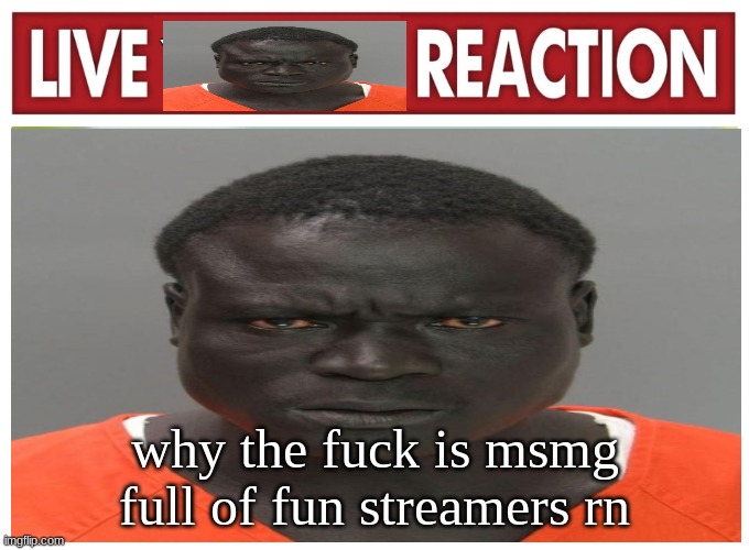 live convict reaction | why the fuck is msmg full of fun streamers rn | image tagged in live convict reaction | made w/ Imgflip meme maker