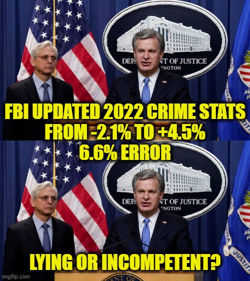 Have I ever lied to you? | FBI UPDATED 2022 CRIME STATS
FROM -2.1% TO +4.5%
6.6% ERROR; LYING OR INCOMPETENT? | image tagged in fbi | made w/ Imgflip meme maker