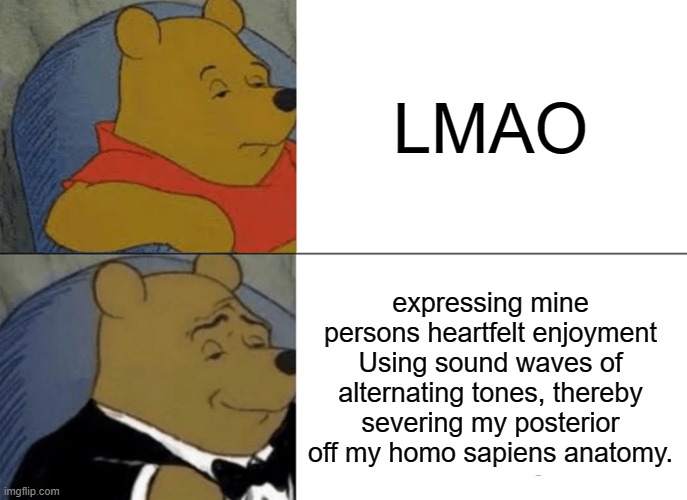 average brit | LMAO; expressing mine persons heartfelt enjoyment Using sound waves of alternating tones, thereby severing my posterior off my homo sapiens anatomy. | image tagged in memes,tuxedo winnie the pooh,language | made w/ Imgflip meme maker