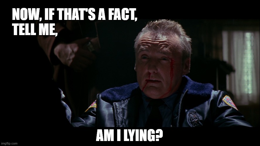 Am I Lying? | NOW, IF THAT'S A FACT, 
TELL ME, AM I LYING? | image tagged in true romance,dennis hopper,am i lying | made w/ Imgflip meme maker