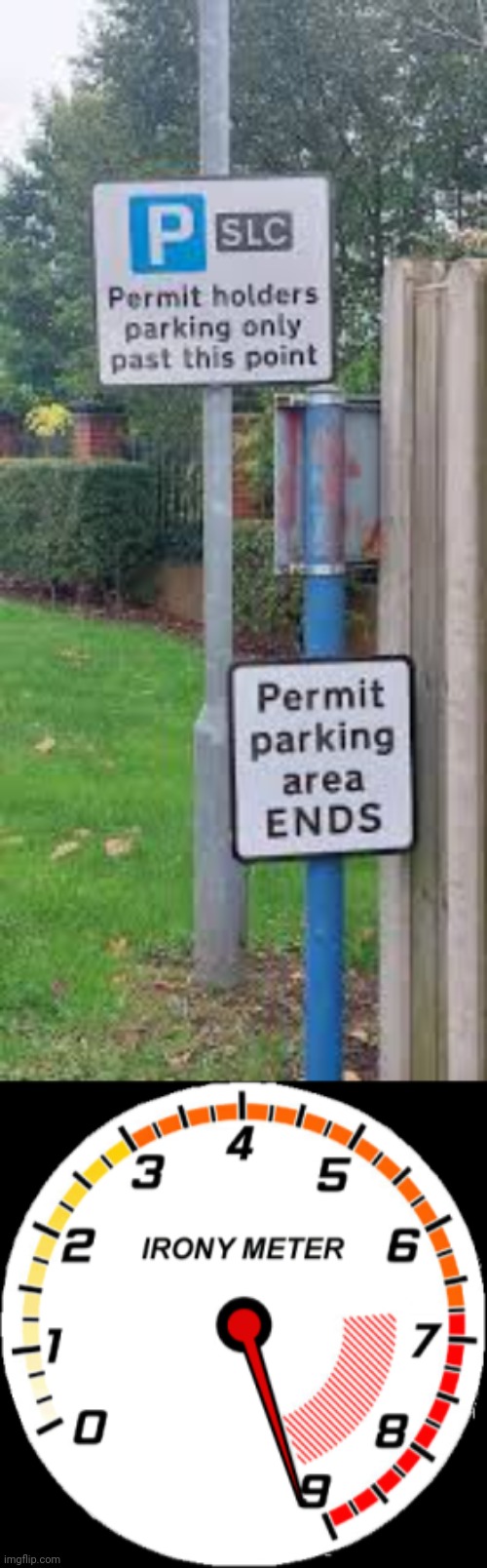 Permit parking | image tagged in irony meter,permit,parking,memes,you had one job,signs | made w/ Imgflip meme maker