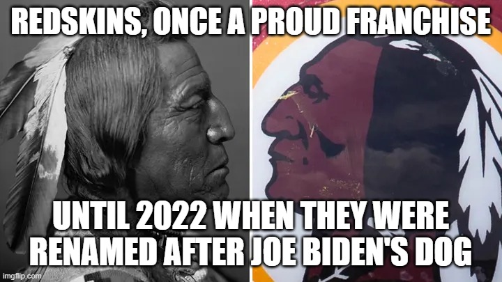 Redskins | REDSKINS, ONCE A PROUD FRANCHISE; UNTIL 2022 WHEN THEY WERE RENAMED AFTER JOE BIDEN'S DOG | image tagged in redskins | made w/ Imgflip meme maker