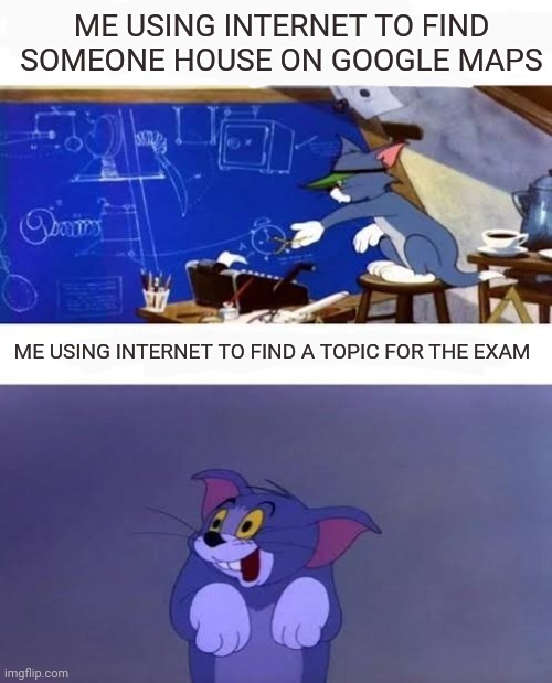 Genius tom dumb tom | ME USING INTERNET TO FIND SOMEONE HOUSE ON GOOGLE MAPS; ME USING INTERNET TO FIND A TOPIC FOR THE EXAM | image tagged in genius tom dumb tom | made w/ Imgflip meme maker