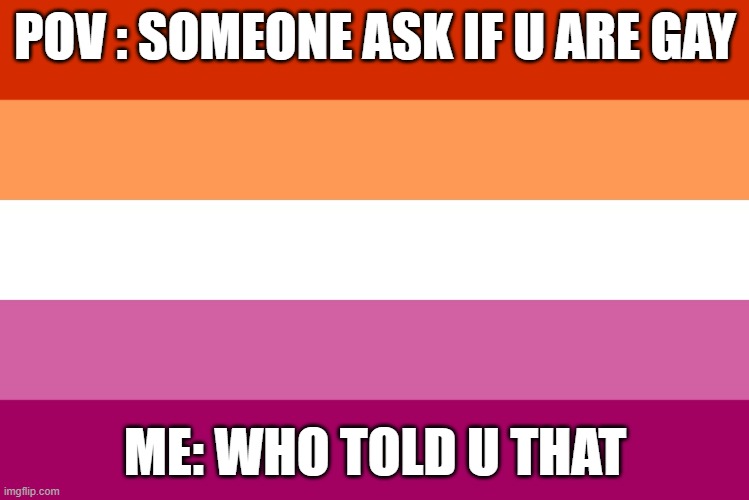 Lesbian flag | POV : SOMEONE ASK IF U ARE GAY; ME: WHO TOLD U THAT | image tagged in lesbian flag | made w/ Imgflip meme maker