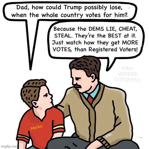 Just like last time.  Except, MUCH BIGGER. | Dad, how could Trump possibly lose,
when the whole country votes for him? Because the DEMS LIE, CHEAT,
STEAL. They’re the BEST at it.
Just watch how they get MORE
VOTES, than Registered Voters! FKH
VOTERS
GOTOHELL; Marko | image tagged in memes,devious little bitchasspunk dems,lie cheat steal snivel cry,lilbitches,crybaby juveniles,fjb n fkh voters gotohell | made w/ Imgflip meme maker