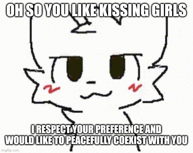 you like kissing boys | OH SO YOU LIKE KISSING GIRLS I RESPECT YOUR PREFERENCE AND WOULD LIKE TO PEACEFULLY COEXIST WITH YOU | image tagged in you like kissing boys | made w/ Imgflip meme maker