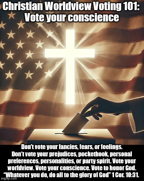 Vote Your Conscience | Christian Worldview Voting 101: 
Vote your conscience; Don’t vote your fancies, fears, or feelings. Don’t vote your prejudices, pocketbook, personal preferences, personalities, or party spirit. Vote your worldview. Vote your conscience. Vote to honor God. “Whatever you do, do all to the glory of God” 1 Cor. 10:31. | image tagged in voting,god religion universe,christian | made w/ Imgflip meme maker