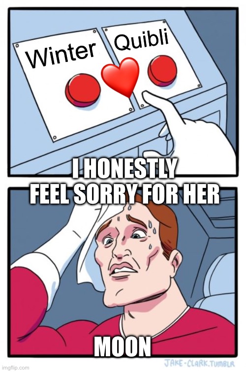 Two Buttons | Quibli; Winter; I HONESTLY FEEL SORRY FOR HER; MOON | image tagged in memes,two buttons | made w/ Imgflip meme maker