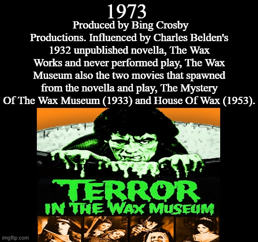 Terror In The Wax Museum | 1973; Produced by Bing Crosby Productions. Influenced by Charles Belden's 1932 unpublished novella, The Wax Works and never performed play, The Wax Museum also the two movies that spawned from the novella and play, The Mystery Of The Wax Museum (1933) and House Of Wax (1953). | image tagged in the terror in the wax museum,bing crosby productions,john carradine,elas lanchester,maurice evans,ray milland and patric knowles | made w/ Imgflip meme maker