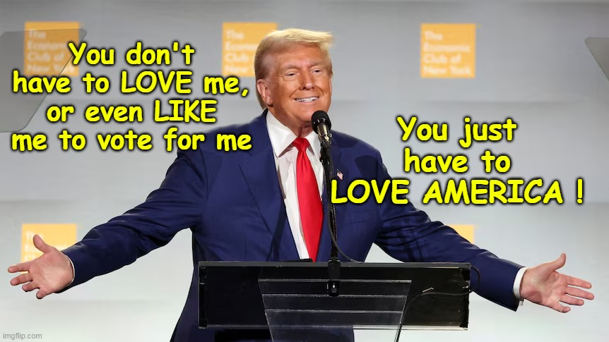 If it's not in his ads IT SHOULD BE | You just have to LOVE AMERICA ! You don't have to LOVE me, or even LIKE me to vote for me | image tagged in like love trump america vote meme | made w/ Imgflip meme maker