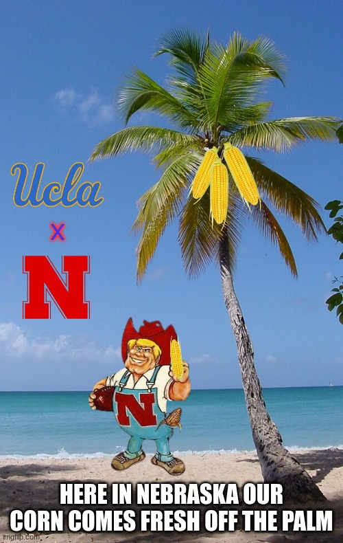 Nebraska vs UCLA meme | X; HERE IN NEBRASKA OUR CORN COMES FRESH OFF THE PALM | image tagged in college football,memes,funny,corn,hahaha | made w/ Imgflip meme maker