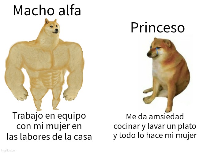 Buff Doge vs. Cheems | Macho alfa; Princeso; Me da amsiedad cocinar y lavar un plato y todo lo hace mi mujer; Trabajo en equipo con mi mujer en las labores de la casa | image tagged in memes,buff doge vs cheems | made w/ Imgflip meme maker