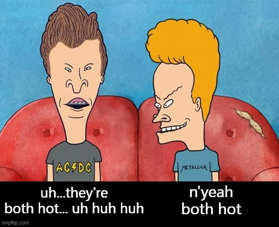 uh...they're both hot... uh huh huh n'yeah
both hot | made w/ Imgflip meme maker