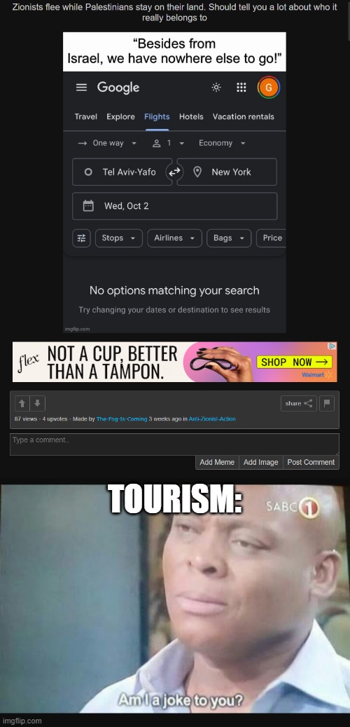 There are many ways to show how dumb this claim is. | TOURISM: | image tagged in am i a joke to you,palestine,israel,stupid people,tourism | made w/ Imgflip meme maker