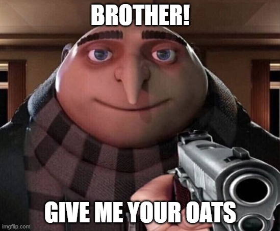 Gru Gun | BROTHER! GIVE ME YOUR OATS | image tagged in gru gun | made w/ Imgflip meme maker