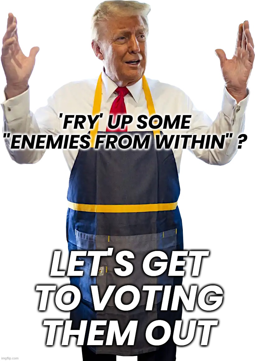 'FRY' INNER ENEMIES - VOTE! | 'FRY' UP SOME
"ENEMIES FROM WITHIN" ? LET'S GET
TO VOTING
THEM OUT | image tagged in trump,fries,enemies,corruptocrats,corrupt,vote | made w/ Imgflip meme maker