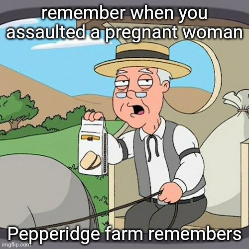 Pepperidge Farm Remembers | remember when you assaulted a pregnant woman; Pepperidge farm remembers | image tagged in memes,pepperidge farm remembers | made w/ Imgflip meme maker