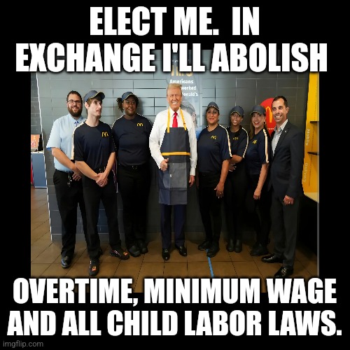 Donnie the Scrooge | ELECT ME.  IN EXCHANGE I'LL ABOLISH; OVERTIME, MINIMUM WAGE AND ALL CHILD LABOR LAWS. | image tagged in labor law,minimum wage,overtime,mcdonalds | made w/ Imgflip meme maker