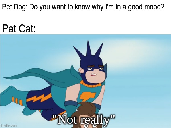They couldn't care less | Pet Dog: Do you want to know why I'm in a good mood? Pet Cat:; "Not really" | image tagged in memes,funny,animals,cartoon,cats | made w/ Imgflip meme maker