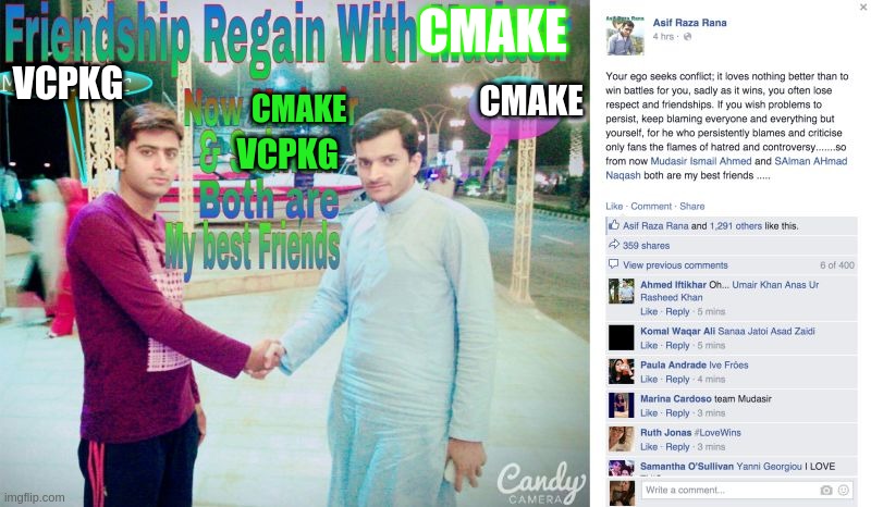 Friendship Regain with Mudasir | VCPKG; CMAKE; CMAKE; CMAKE; VCPKG | image tagged in friendship regain with mudasir,funny,funny memes,nostalgia | made w/ Imgflip meme maker