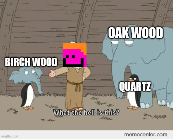 Imagine if Camman sees that | OAK WOOD; BIRCH WOOD; QUARTZ | image tagged in family guy noah's ark | made w/ Imgflip meme maker