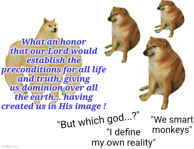 Buff Doge vs. Cheems Meme | What an honor that our Lord would establish the preconditions for all life and truth, giving us dominion over all the earth... having created us in His image ! "We smart monkeys"; "But which god...?"; "I define my own reality" | image tagged in memes,buff doge vs cheems | made w/ Imgflip meme maker