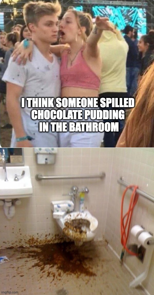 That's not chocolate | I THINK SOMEONE SPILLED 
CHOCOLATE PUDDING 
IN THE BATHROOM | image tagged in girlspaining | made w/ Imgflip meme maker