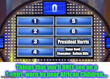 The Survey Says.. | President Harris Things that you'll ONLY see on a T-shirt, worn by poor African Children.... Super Bowl Champion - Buffalo Bills | image tagged in the survey says | made w/ Imgflip meme maker