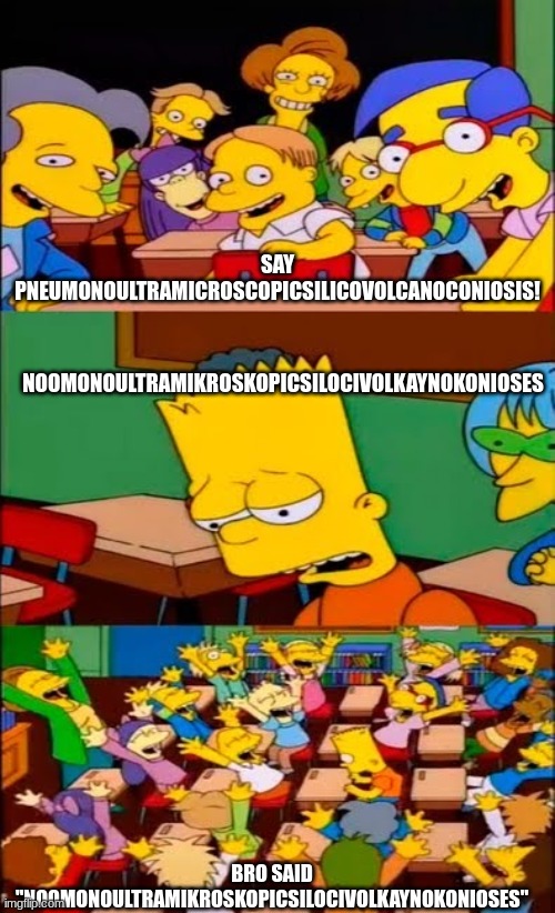 class be like | SAY PNEUMONOULTRAMICROSCOPICSILICOVOLCANOCONIOSIS! NOOMONOULTRAMIKROSKOPICSILOCIVOLKAYNOKONIOSES; BRO SAID "NOOMONOULTRAMIKROSKOPICSILOCIVOLKAYNOKONIOSES" | image tagged in say the line bart simpsons | made w/ Imgflip meme maker