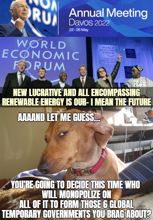 Anti nuclear energy World Economic Forum & Friends faking an urgency to make you agree to things no one would agree to otherwise | NEW LUCRATIVE AND ALL ENCOMPASSING RENEWABLE ENERGY IS OUR- I MEAN THE FUTURE; AAAAND LET ME GUESS... YOU'RE GOING TO DECIDE THIS TIME WHO 
WILL MONOPOLIZE ON ALL OF IT TO FORM THOSE 6 GLOBAL TEMPORARY GOVERNMENTS YOU BRAG ABOUT? | image tagged in suspicious dog,wef,globalism,politics,liberals | made w/ Imgflip meme maker