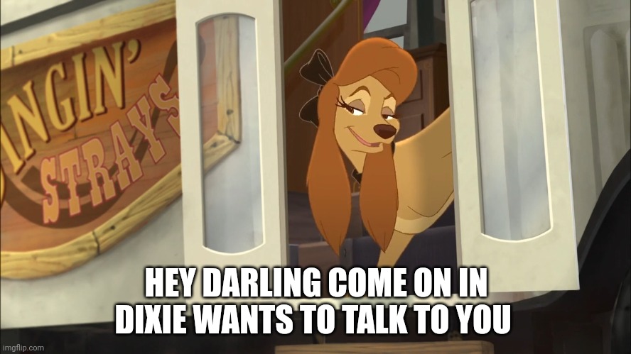 Dixie Wants To Talk to you | HEY DARLING COME ON IN DIXIE WANTS TO TALK TO YOU | image tagged in dixie's hiding,the fox and the hound 2,reba mcentire | made w/ Imgflip meme maker