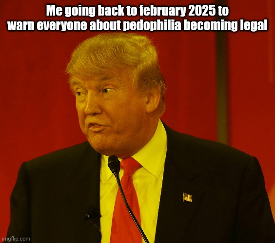Trump goony stupid silly | Me going back to february 2025 to warn everyone about pedophilia becoming legal | image tagged in trump goony stupid silly | made w/ Imgflip meme maker