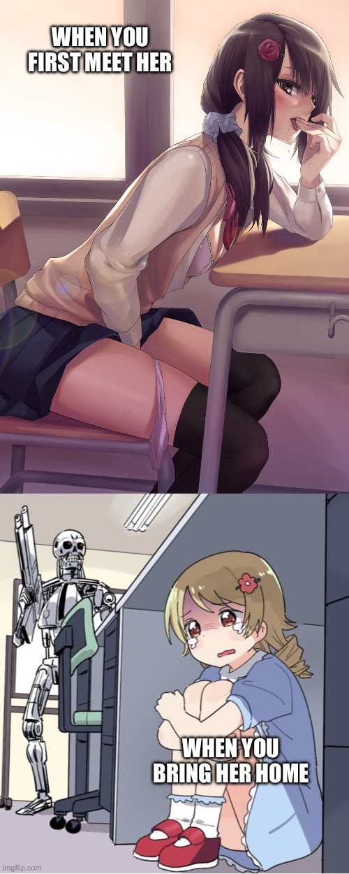 When fear strikes | WHEN YOU FIRST MEET HER; WHEN YOU BRING HER HOME | image tagged in hentai anime girl,anime girl hiding from terminator,fear,flirting,scared | made w/ Imgflip meme maker