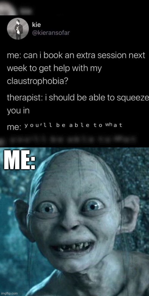 Therapy? | ME: | image tagged in memes,gollum,therapy,claustrophobia,phobia | made w/ Imgflip meme maker