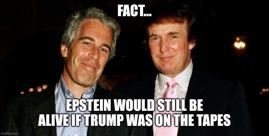 No list......no footage of cell.....no answers to client list | FACT... EPSTEIN WOULD STILL BE ALIVE IF TRUMP WAS ON THE TAPES | image tagged in trump epstein | made w/ Imgflip meme maker