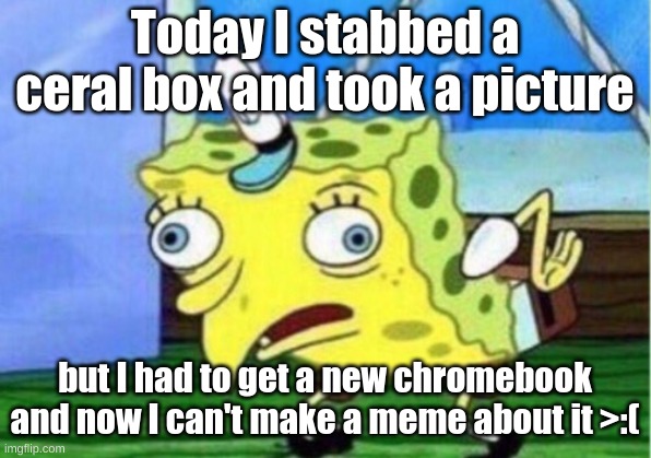 Mocking Spongebob Meme | Today I stabbed a ceral box and took a picture; but I had to get a new chromebook and now I can't make a meme about it >:( | image tagged in memes,mocking spongebob | made w/ Imgflip meme maker