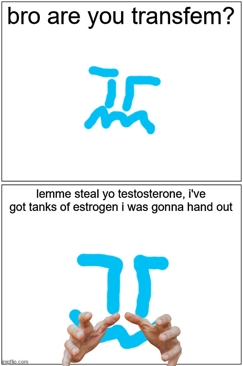 Blank Comic Panel 1x2 Meme | bro are you transfem? lemme steal yo testosterone, i've got tanks of estrogen i was gonna hand out | image tagged in memes,blank comic panel 1x2 | made w/ Imgflip meme maker