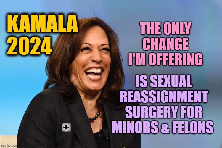 Kamala Harris laughing | KAMALA 2024; THE ONLY CHANGE I'M OFFERING; IS SEXUAL REASSIGNMENT SURGERY FOR MINORS & FELONS | image tagged in kamala harris laughing,2024,election,gender | made w/ Imgflip meme maker