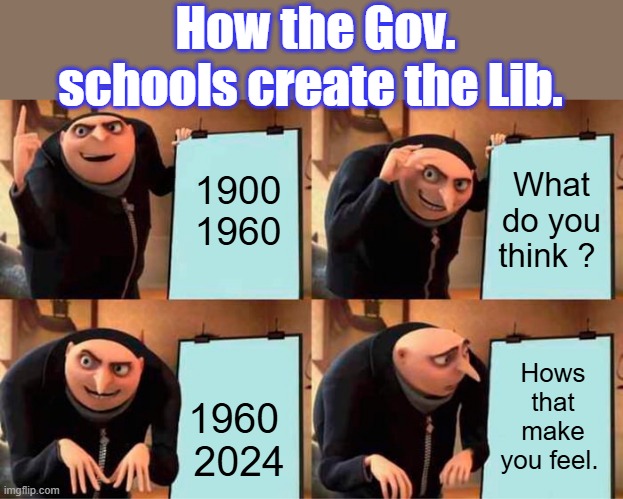 REASON & LOGIC was replaced by Feelings & emotions | How the Gov. schools create the Lib. 1900  1960; What do you think ? Hows that make you feel. 1960  2024 | image tagged in memes,gru's plan | made w/ Imgflip meme maker