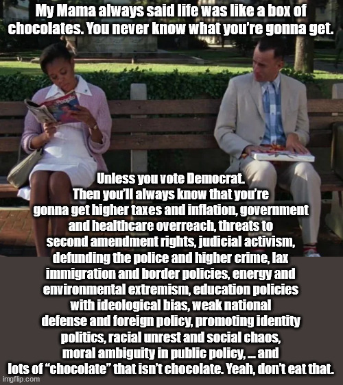 Democrat Box of "Chocolates" | My Mama always said life was like a box of chocolates. You never know what you’re gonna get. Unless you vote Democrat. Then you’ll always know that you’re gonna get higher taxes and inflation, government and healthcare overreach, threats to second amendment rights, judicial activism, defunding the police and higher crime, lax immigration and border policies, energy and environmental extremism, education policies with ideological bias, weak national defense and foreign policy, promoting identity politics, racial unrest and social chaos, moral ambiguity in public policy, … and lots of “chocolate” that isn’t chocolate. Yeah, don’t eat that. | image tagged in forrest gump box of chocolates,political humor,inflation | made w/ Imgflip meme maker