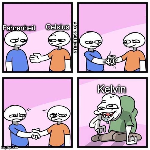 Kelvin just gotta be the weird one | Celsius; Fahrenheit; -40°; Kelvin | image tagged in handshake,science,memes,funny,temperature,certified bruh moment | made w/ Imgflip meme maker