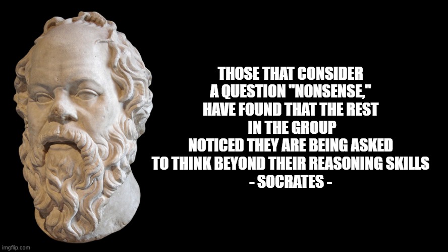 Question Nonsense Quote | THOSE THAT CONSIDER A QUESTION "NONSENSE," HAVE FOUND THAT THE REST
 IN THE GROUP NOTICED THEY ARE BEING ASKED TO THINK BEYOND THEIR REASONING SKILLS
- SOCRATES - | image tagged in socrates | made w/ Imgflip meme maker