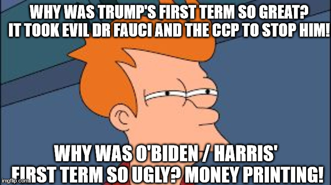 FREEDOM VS GOVERNMENT | WHY WAS TRUMP'S FIRST TERM SO GREAT?
IT TOOK EVIL DR FAUCI AND THE CCP TO STOP HIM! WHY WAS O'BIDEN / HARRIS'
 FIRST TERM SO UGLY? MONEY PRINTING! | image tagged in frye tired meme,freedom,big government,communism | made w/ Imgflip meme maker