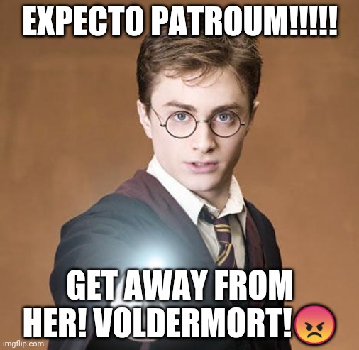 I expecto you out of here. | EXPECTO PATROUM!!!!! GET AWAY FROM HER! VOLDERMORT!😡 | image tagged in harry potter casting a spell | made w/ Imgflip meme maker