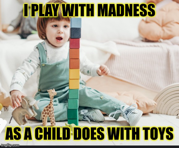 Mad as a Hatter | I PLAY WITH MADNESS; AS A CHILD DOES WITH TOYS | image tagged in toys | made w/ Imgflip meme maker