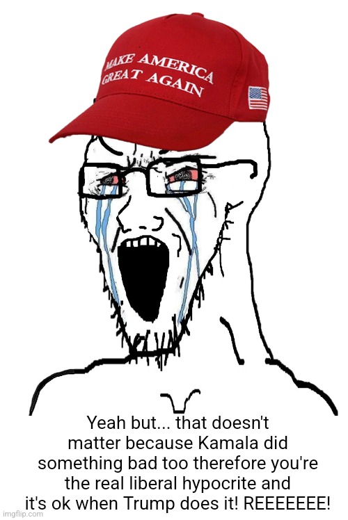 Literally Trump supporters when you criticize him | Yeah but... that doesn't matter because Kamala did something bad too therefore you're the real liberal hypocrite and it's ok when Trump does | image tagged in maga soyjack,donald trump,maga,conservative hypocrisy,conservative logic,snowflakes | made w/ Imgflip meme maker