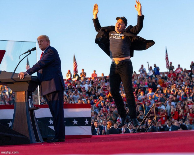 A rapist and a Nazi walk on stage. | image tagged in musk jumping behind trump | made w/ Imgflip meme maker