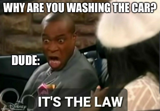 It's the law | WHY ARE YOU WASHING THE CAR? DUDE: | image tagged in it's the law | made w/ Imgflip meme maker