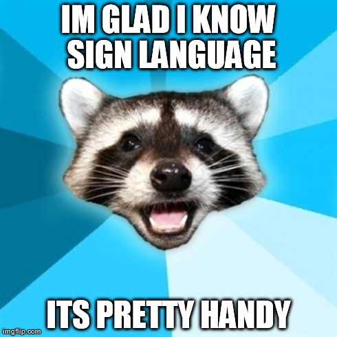 Lame Pun Coon Meme | IM GLAD I KNOW SIGN LANGUAGE ITS PRETTY HANDY | image tagged in memes,lame pun coon | made w/ Imgflip meme maker